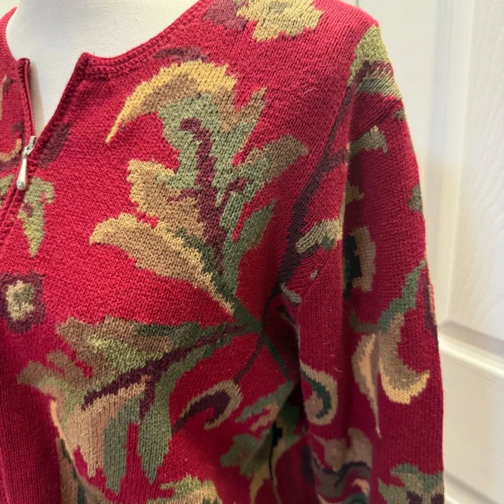 Vintage 90s Talbots Leaf Fall Print Full Zip Cardigan Knit Sweater Womens Medium